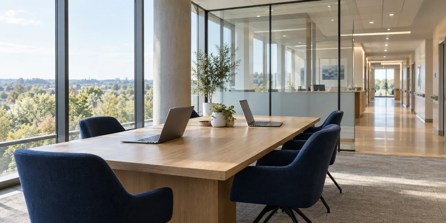 Illustrative healthcare technology workspace with laptops and a glass-walled clinical corridor